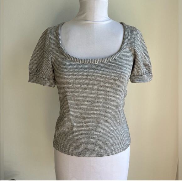 FREE PEOPLE DOUBLE BUBBLE TOP SILVER SCOOP NECK PUFF SLEEVE SWEATER XS - Picture 8 of 8